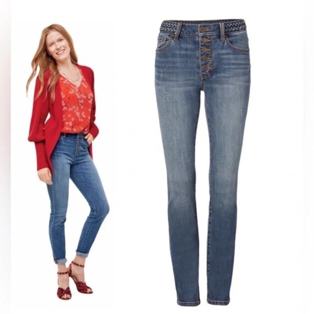 Cabi Button Fly Braided Waist Blue Denim Skinny Jeans Women's Size 8
